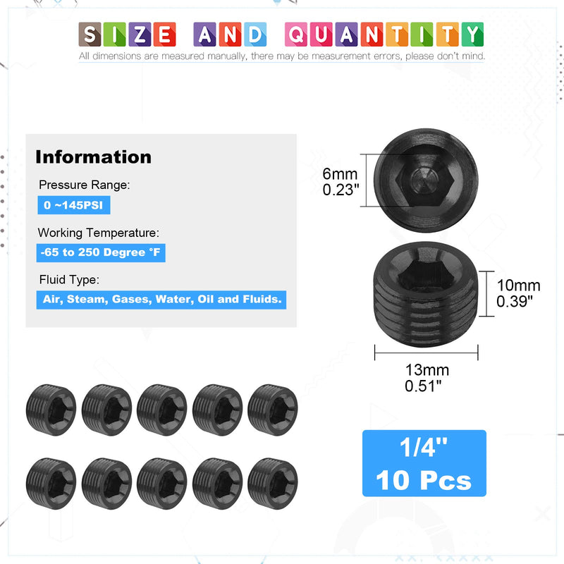 [Australia - AusPower] - Glarks 10Pcs Carbon Steel 1/4'' NPT Male Pipe Plug Fitting Assortment Set Internal Hex Thread Socket Pipe Plug Kit 1/4''NPT 