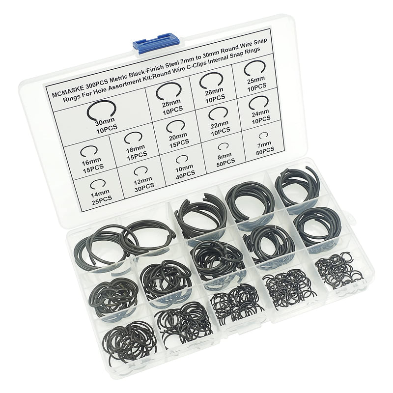 [Australia - AusPower] - MCMASKE 300PCS Metric 7mm to 30mm Round Wire C-Clips Internal Snap Rings Assortment Kit;Round Wire Snap Rings for Hole(Black-Finish Steel) 