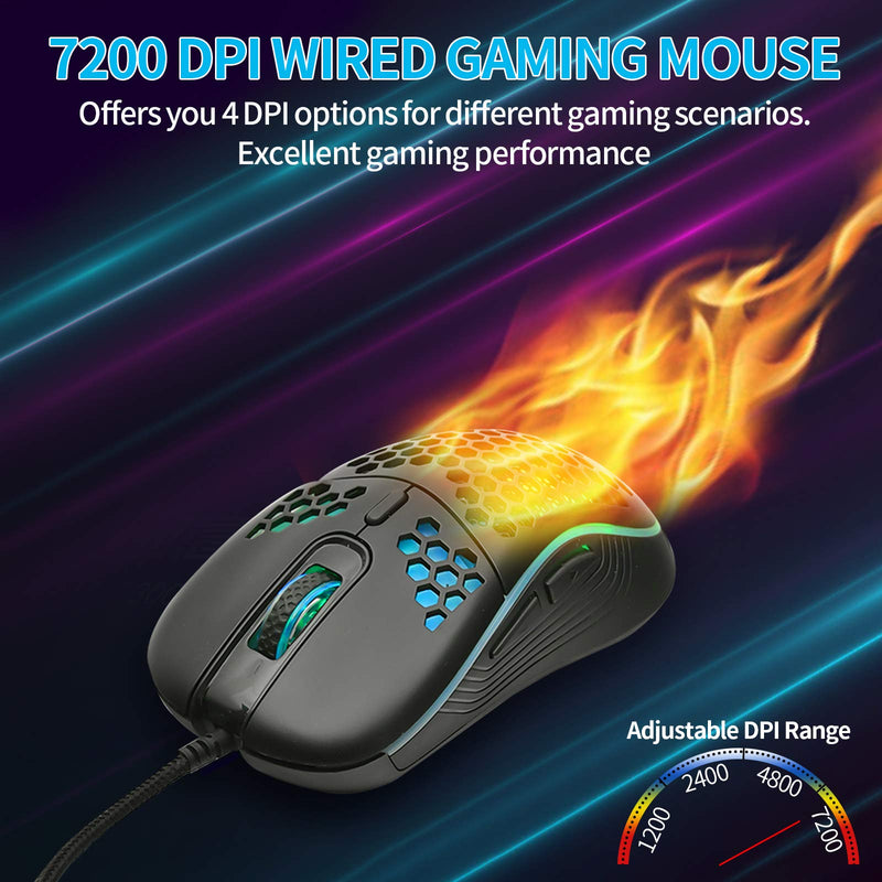 [Australia - AusPower] - Honeycomb Wired Gaming Mouse, RGB Backlight and 7200 Adjustable DPI, Ergonomic and Lightweight USB Computer Mouse with High Precision Sensor for Windows PC & Laptop Gamers (Black) Black 