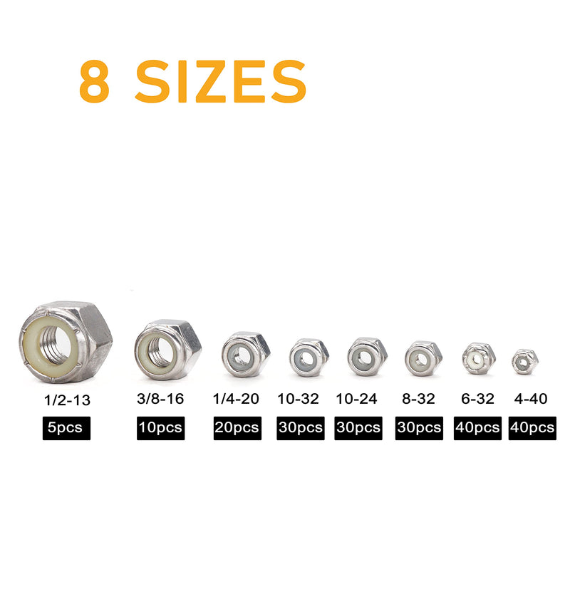 [Australia - AusPower] - cSeao 205pcs SAE Nylock Nylon Inserted Lock Nuts Assortment Kit (1/4-20 3/8-16 1/2-13#4-40#6-32#8-32#10-24#10-32), 304 Stainless Steel 4-40 TO 1/2-13 [8 Sizes] 205pcs 