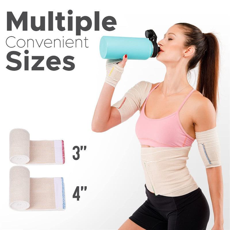 [Australia - AusPower] - Premium Elastic Bandage Wrap Made of USA Grown Organic Cotton - Set of Two 4 inch & Two 3 inch GT Wraps - Hook & Loop Fasteners at Both Ends - Hypoallergenic Compression Roll for Sprains & Injuries Beige Double Hook & Loop 