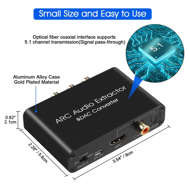 [Australia - AusPower] - HDMI ARC Audio Extractor 192KHz DAC Converter ARC Audio Extractor Support Digital HDMI Audio to Analog Stereo Audio RCA L/R Coaxial SPDIF and 3.5mm Jack ARC Audio Adapter for TV 