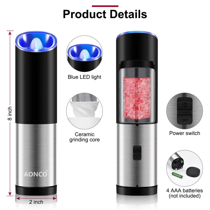 [Australia - AusPower] - Gravity Salt And Pepper Grinder Set, Spice Grinder, Electric Pepper Grinder, Adjustable Thickness, Battery Powered, With Led Light, Suitable For Home, Kitchen And Outdoor Barbecue (2-Piece Set) 