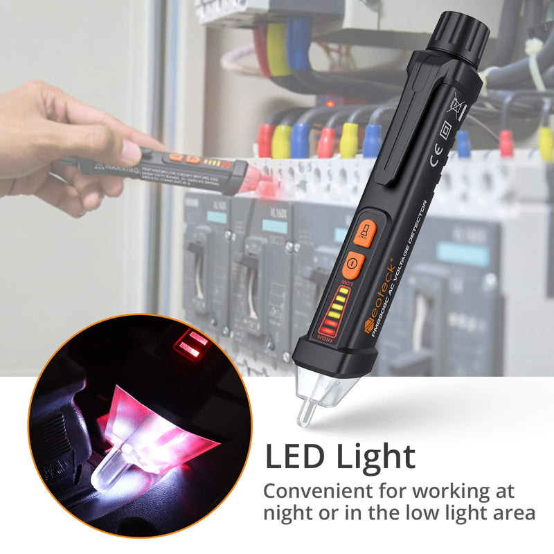 [Australia - AusPower] - Neoteck 12-1000V AC Non-Contact Voltage Tester Detector with Led Flashlight Buzzer Alarm Live/Null Wire Judgment- Black 