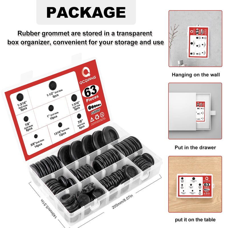 [Australia - AusPower] - QCQIANG 63Pcs Rubber Grommet Kit, Drill Hole Firewall Hole Plugs Wire Protection, 6 Sizes 5/8" 13/16" 7/8" 1" 1-3/16" 1-1/2"(Round) Black Rubber Grommet Kit 