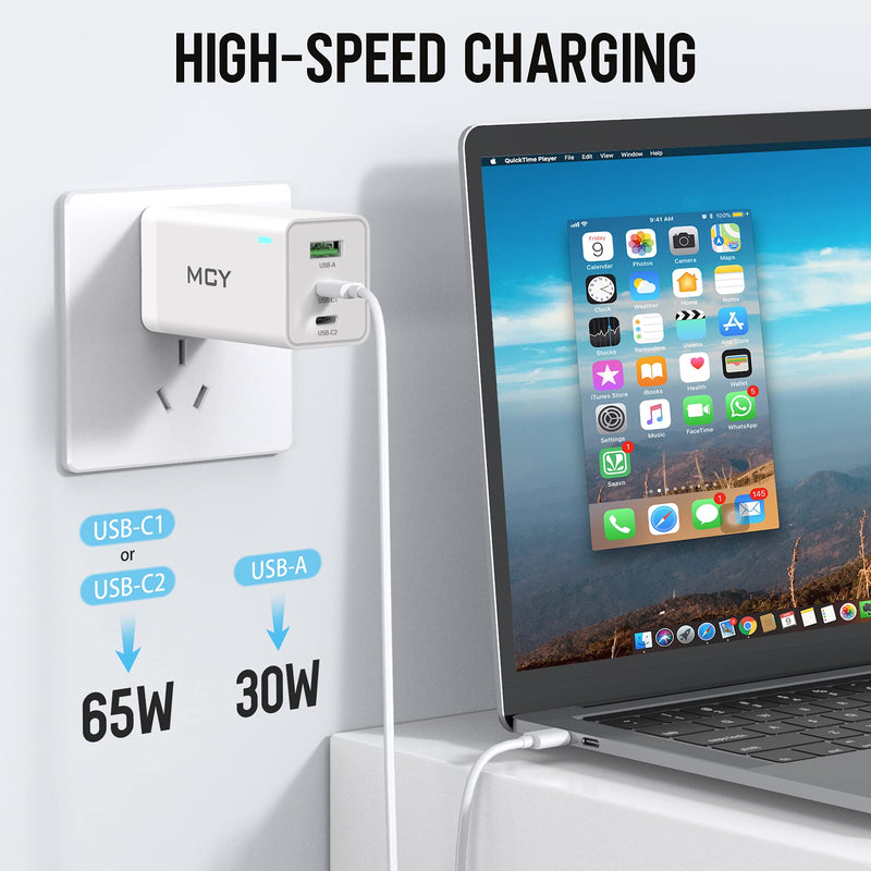 [Australia - AusPower] - Wall Charger, MCY 65W 3 Port Foldable USB C Charger GaN Tech, Fast Charger Laptop Power Adapter Compatiple with iPhone 12/ Mini/12 Pro/12 Pro Max/SE/11, Samsung, MacBook Pro/Air, iPad, Laptops, White 