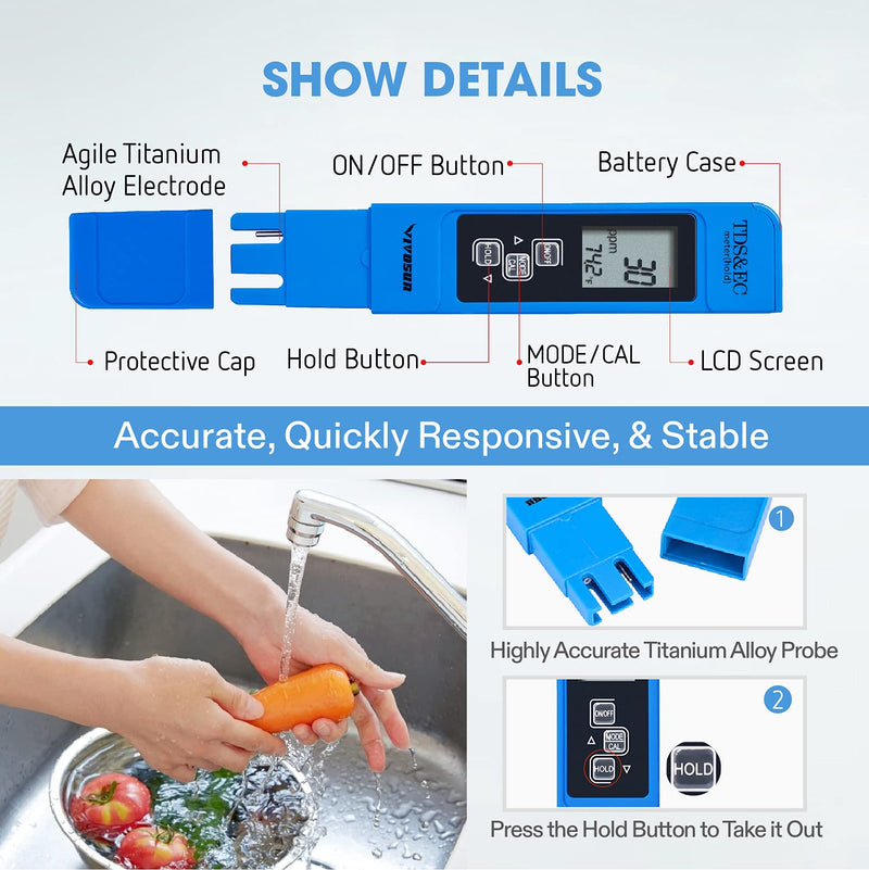 [Australia - AusPower] - VIVOSUN TDS Tester 3-in-1 TDS EC & Temperature Meter Ultrahigh Accuracy Digital Water Quality TDS Tester (Blue) 