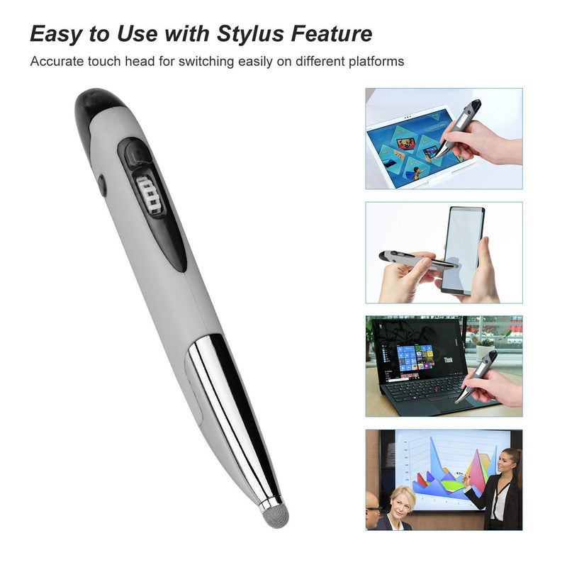 [Australia - AusPower] - Rechargeable Pocket Pen Mouse, Lychee Left/Right-Handed Wireless Optical Ergonomic Mouse with Stylus Function RGB Backlit Type-C & Micro USB Adapter for PC Laptop Notebook Mac (Grey) Grey 