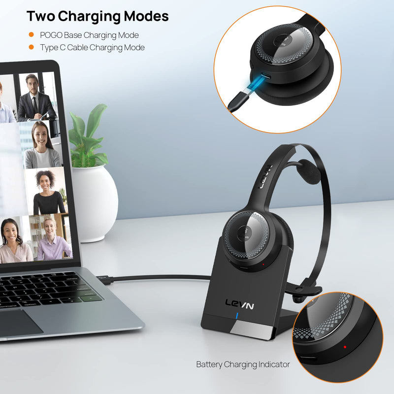 [Australia - AusPower] - Bluetooth Headset, LEVN Wireless Headset with Microphone (AI Noise Cancelling), 35Hrs Bluetooth 5.0 Headphones with USB for PC, Suitable for Remote Work/Call Center/Skype/Zoom/Online Class/Trucker LE-HS010 Superior 