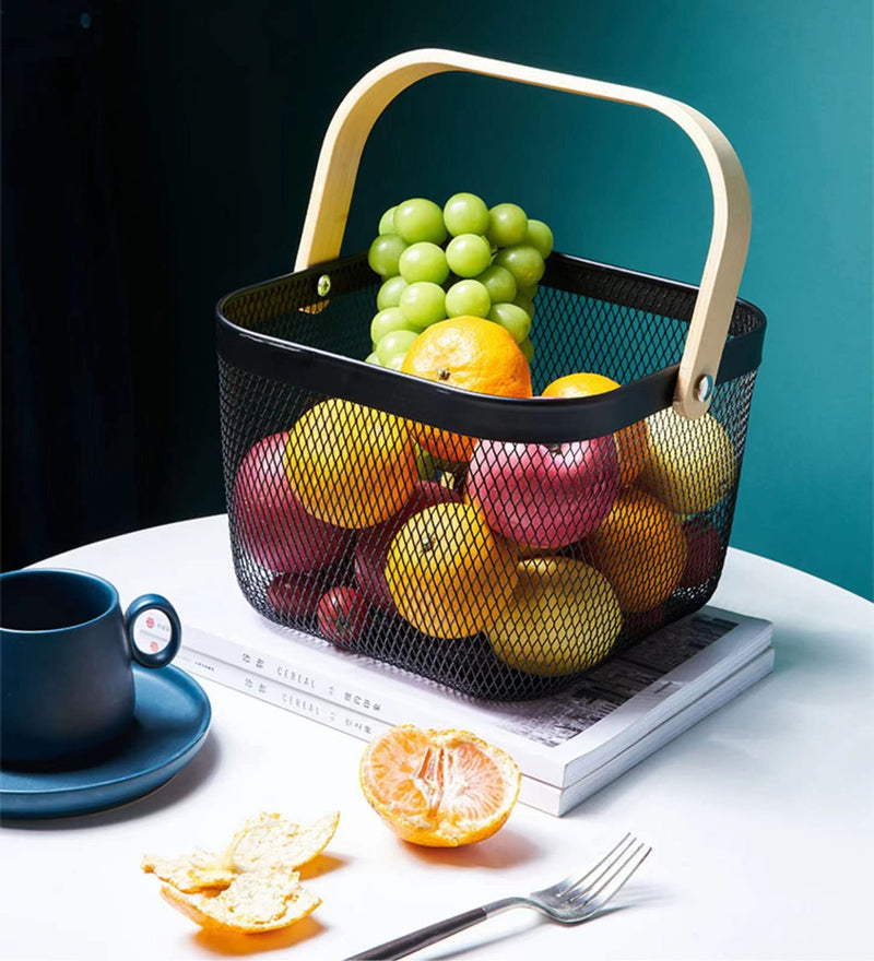 [Australia - AusPower] - AJIODA Metal Mesh Steel Basket, Storage Organizer Basket Multi-functional Hanging Kitchen Baskets Fruit Basket Bin with Bamboo Handle for Kitchen Bathroom Picnic Shopping Decor Cabinet Home, Black 