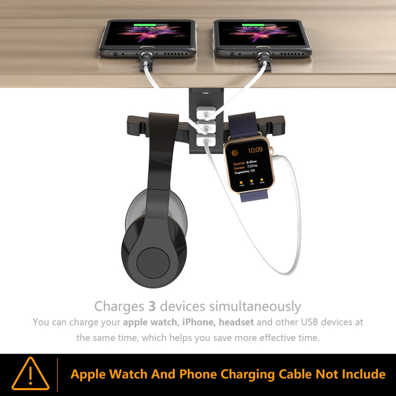[Australia - AusPower] - Headphone Stand with USB Charger COZOO Under Desk Headset Holder Mount with 3 Port USB Charging Station and iWatch Stand Smart Watch Charging Dock Dual Earphone Hanger Hook,UL Tested Black 
