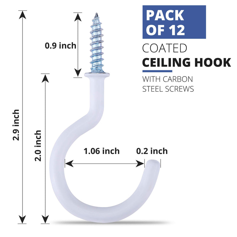 [Australia - AusPower] - Ceiling Hooks Heavy Duty (Pack of 12) 2.9 inches Vinyl Coated Screw Hooks for Hanging Plants, Mugs, Wind Chimes, Utensils, Indoor/Outdoor Use - White… 