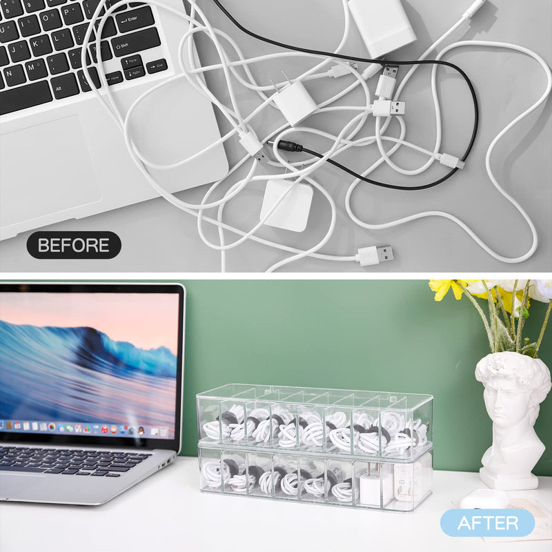 [Australia - AusPower] - FABROK Plastic Cable Organizer, 8 Compartment Clear Cable Management Box with 20pcs Cable Ties, Electronic Accessories Case for Desk Drawer, Portable Cord Storage Organizer for Headset, Charger(2pack） 8 Compartment-2PACK 