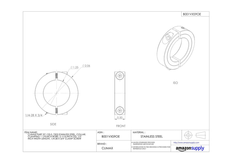 [Australia - AusPower] - Climax Part 2C-125-S, T303 Stainless Steel, Clamping Collar, 1 1/4 inch bore, 2 1/16 inch OD, 1/2 inch Width, 1/4-28 x 3/4" Clamp Screw 