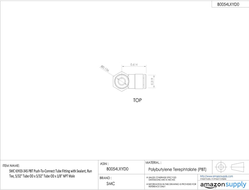 [Australia - AusPower] - SMC KQ2Y03-34NS PBT & Nickel Plated Brass Push-to-Connect Tube Fitting with Sealant, Run Tee, 5/32" Tube OD x 5/32" Tube OD x 1/8" NPT Male 