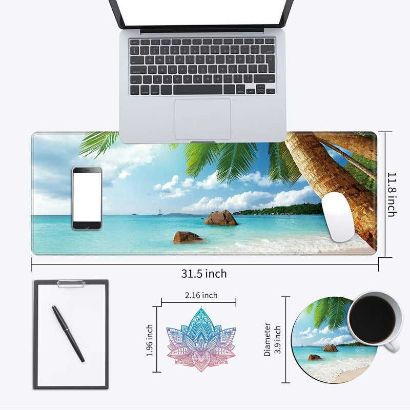 [Australia - AusPower] - Desk Mat, Multifunctional Desk Pad for Keyboard and Mouse, with Cute Coasters and Mandala Stickers with Stitched Edges Non Slip Base Laptop Mouse pad for Office and Home, Seaside Tropical Palm Tree 