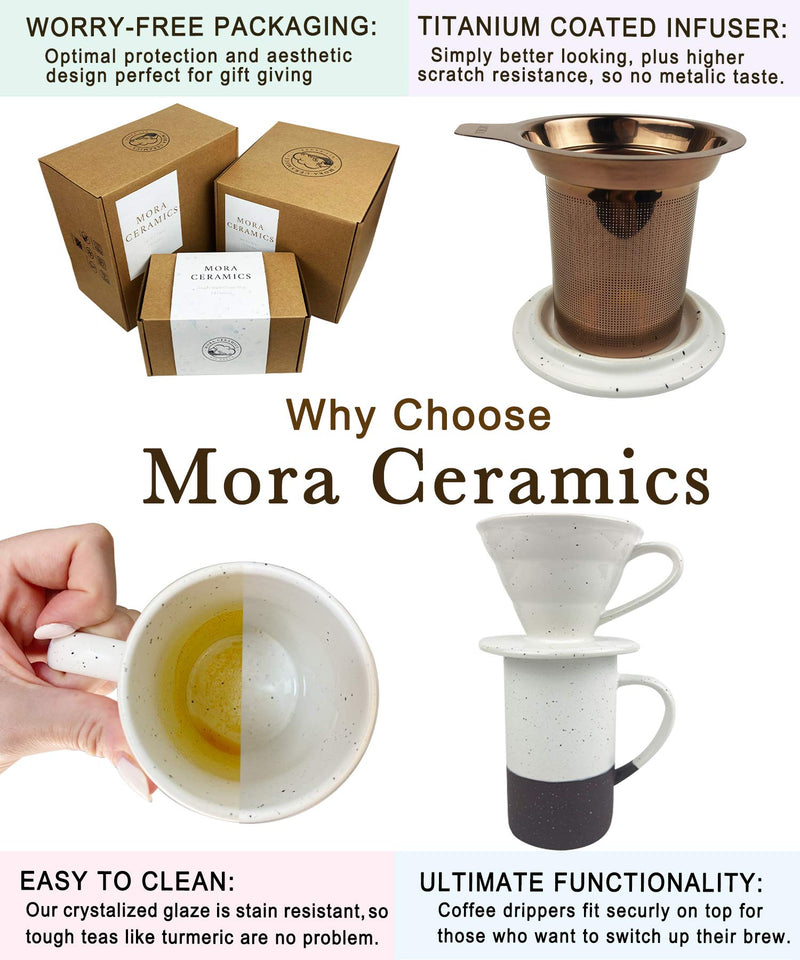 [Australia - AusPower] - Mora Ceramics Tea Cup with Loose Leaf Infuser, Spoon and Lid, 12 oz, Microwave and Dishwasher Safe Coffee Mug - Rustic Matte Ceramic Glaze, Modern Herbal Tea Strainer - Great Gift for Women, Petro 