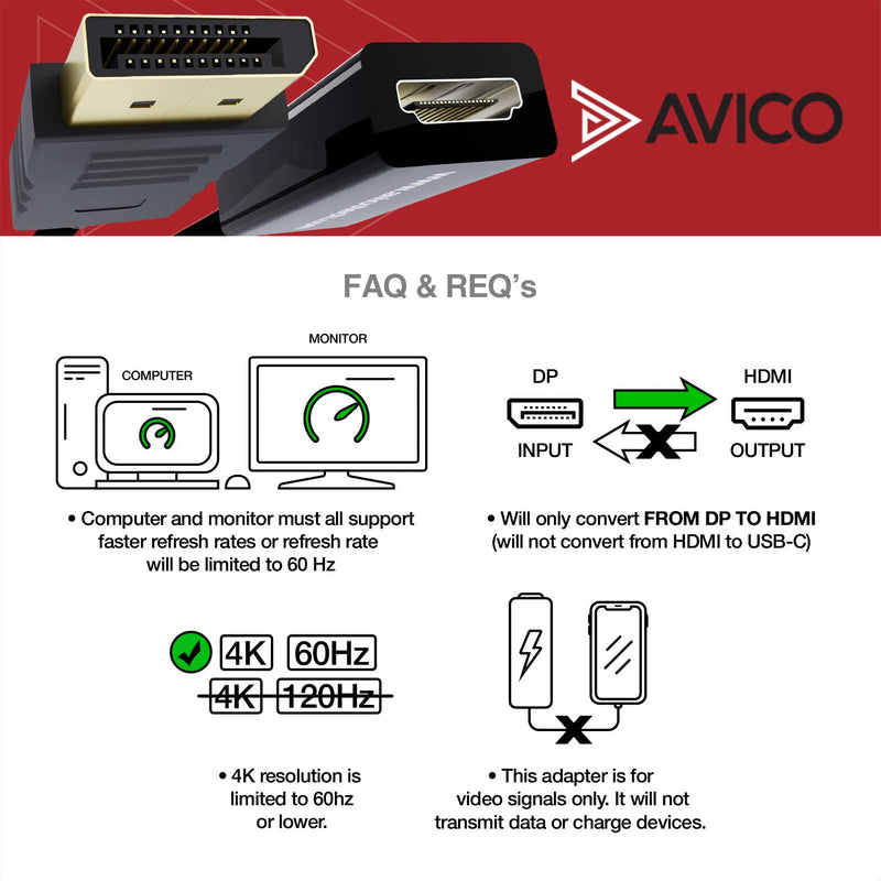 [Australia - AusPower] - Avico DisplayPort 1.2 to HDMI 2.0 Adapter – 4K 60hz HDR – 2K 144hz – 1080P 240hz – 6ft Cable – for Monitors, TVs, PCs, MacBooks, Projectors 