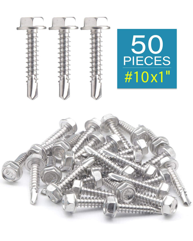 [Australia - AusPower] - IMScrews 50pcs #10 x 1" Stainless Hex Washer Head Self Drilling Screws, 410 Stainless Steel Full Thread Sheet Metal Tek Screws #10 x 1" 50 