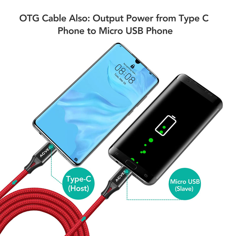 [Australia - AusPower] - AGVEE [2 Pack 3ft] USB-C OTG to Micro USB Cable, Braided Charger Data Sync Cord Charging Wire Adapter for Samsung Galaxy S7 S6, J7, J3, LG, PS4, Kindle, PS4 Xbox Controller, Android Phone, Red 