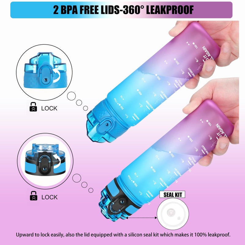 [Australia - AusPower] - Kids Water Bottle with Straw, 17oz Water Bottles Motivational Time Marker with 2 Lids(Straw/Chug) Leakproof Tritran BPA Free Reusable Drinking Bottles for Kids/Adults 500ml(Blue-Purple) Blue-Purple 