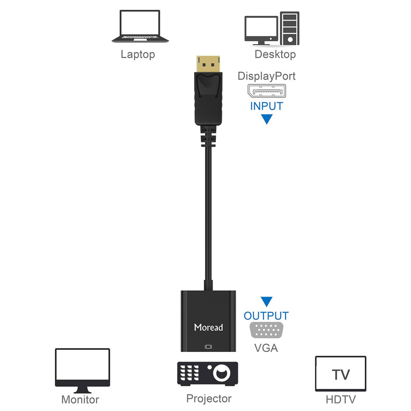 [Australia - AusPower] - Moread DisplayPort (DP) to VGA Adapter, Gold-Plated Display Port to VGA Adapter (Male to Female) Compatible with Computer, Desktop, Laptop, PC, Monitor, Projector, HDTV - Black 1 