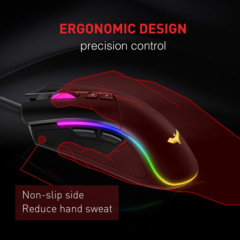 [Australia - AusPower] - Havit RGB Gaming Mouse Wired Programmable Ergonomic USB Mice 4800 Dots Per Inch 7 Buttons & 7 Color Backlit for Laptop PC Gamer Computer Desktop (Black) Black 