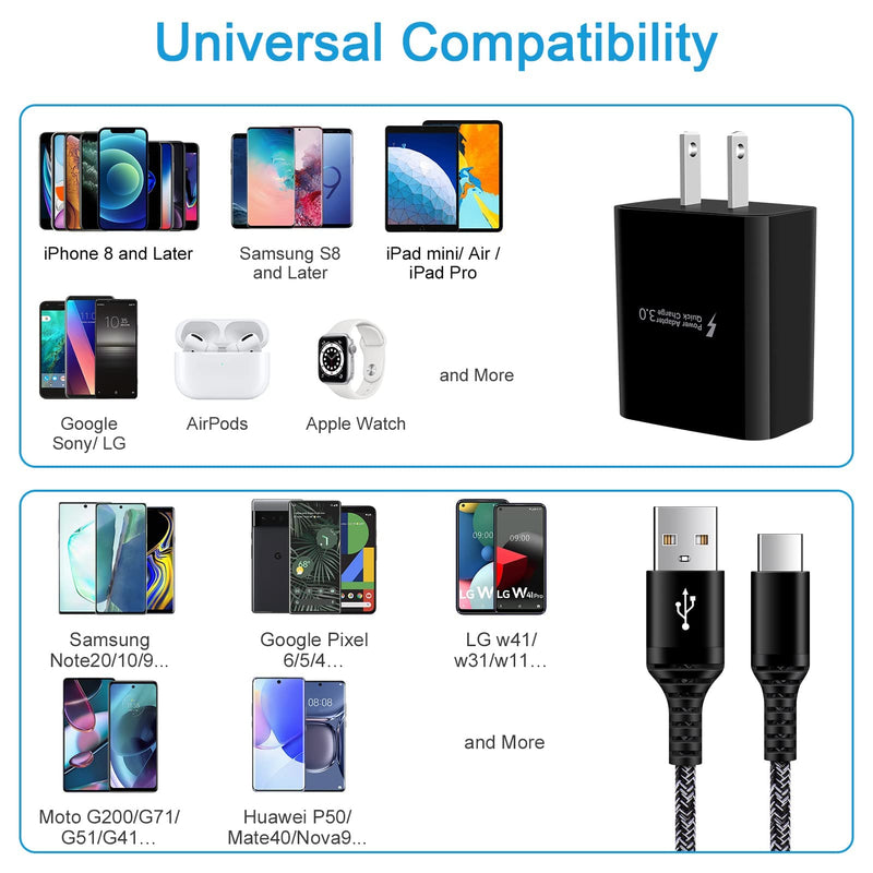 [Australia - AusPower] - Quick Charge 3.0 Wall Plug, USB Wall Charger Fast Charging Block & 3FT USB Type C Cable, USB Charger Block for Samsung Galaxy S21 Ultra S21+ S20/Note 20 10/A52 A72, Google Pixel 6 6Pro 5 4 3, Moto, LG 