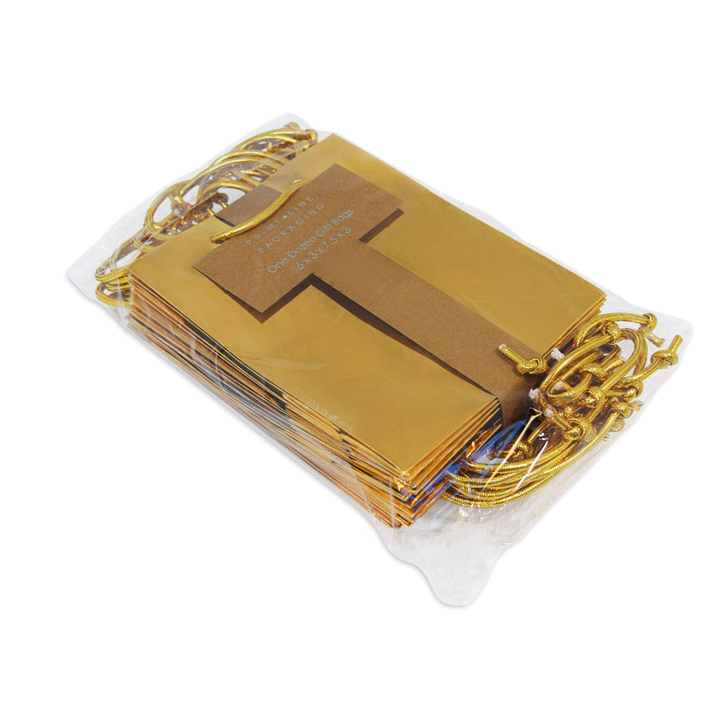 [Australia - AusPower] - Gold Gift Bags - 12 Pack Small Metallic Designer Paper Shopping Bags with Handles, Gift Wrap Euro Totes for Birthdays, Party Favors, Baby Showers, Bachelorette, Holidays, Christmas, Bulk - 6x3x7.5 