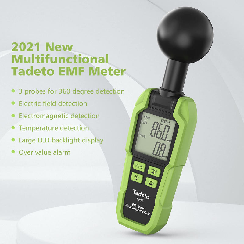 [Australia - AusPower] - EMF Meter, Tadeto EMF Detector with 3 Chips for 360° Measurement LCD Backlit Large Screen Radiation Detector with Flashlight Great Tester for Home EMF Inspections, Office, Outdoor and Ghost Hunting Green 