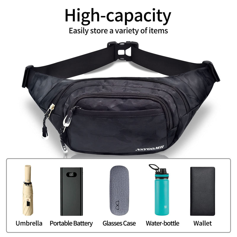 [Australia - AusPower] - NSYOOMH Large Fanny Pack for Women & Men, 5-Zipper Pockets Water Resistant Practical Waist Bag, for Outdoor Running Cycling Sports Travel Hiking Fishing Fashion Camo Black Belt Bags 