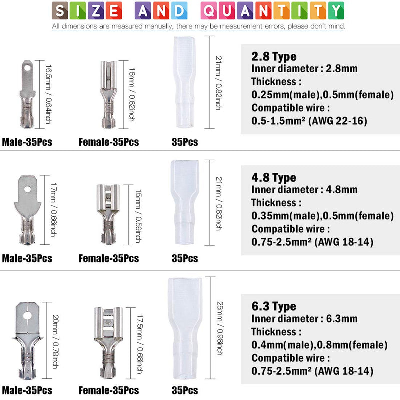 [Australia - AusPower] - Glarks 315Pcs Quick Splice 2.8mm 4.8mm 6.3mm Male and Female Wire Spade Connector Wire Crimp Terminal Block with Insulating Sleeve Assortment Kit 315Pcs Silver Spade Connector 