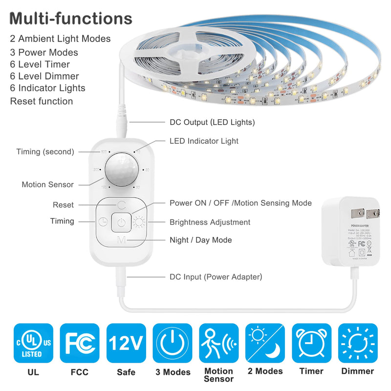 [Australia - AusPower] - Motion Sensor Under Cabinet Lights - Plug-in LED Strip Lights Indoor with Power Adapter, Dimmer and Timer for Kitchen Cabinet, Counter, Shelf, Showcase, Stairway, Bedroom, Corridor, Washroom 9.84FT LIGHT STRIP (WITH POWER ADAPTER) Warm White 3000k 9.84ft 
