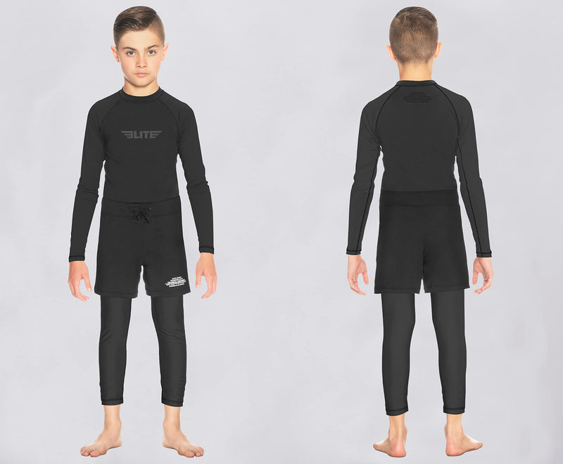 [Australia - AusPower] - Elite Sports Rash Guards for Boys and Girls, Full Sleeve Compression BJJ Kids and Youth Rash Guard Black Small 