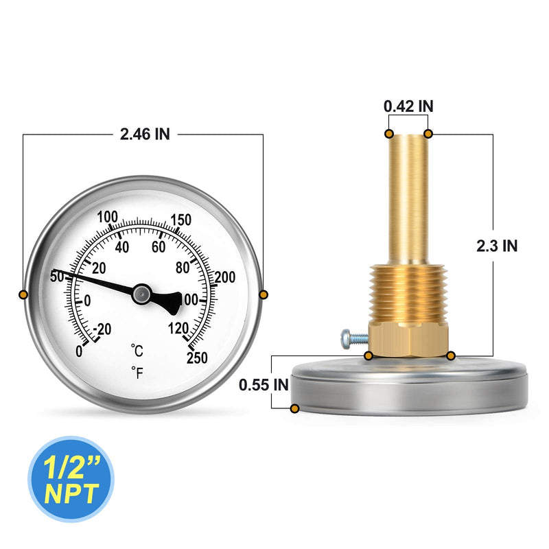 [Australia - AusPower] - MEANLIN MEASURE 1/2" NPT Bimetal Thermometer for hot Water, boilers, and Pipes，2-1/2" Dial, 2-1/4" Lead-Free Brass Stem，Temperature Range 0-250°F/-20-120 ° C, Accuracy 2%,Center Back Mount 2.5Dial/0-250°F 