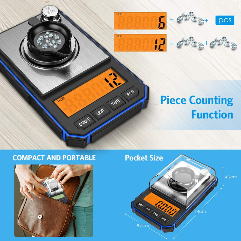 [Australia - AusPower] - AMIR Digital Milligram Scale, 50g Portable Mini Scale, 0.001g Precise Graduation, Professional Pocket Scale with 50g Calibration Weights Tweezers (Batteries Included) Blue 