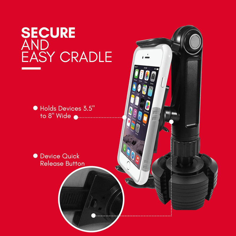 [Australia - AusPower] - Macally Heavy Duty Tablet Holder for Car - Works as Cup Holder Tablet Mount or Phone Cup Holder - Fits Devices 3.5" - 8” Wide with Case - Adjustable iPad Car Mount with 360° Rotatable Cradle 