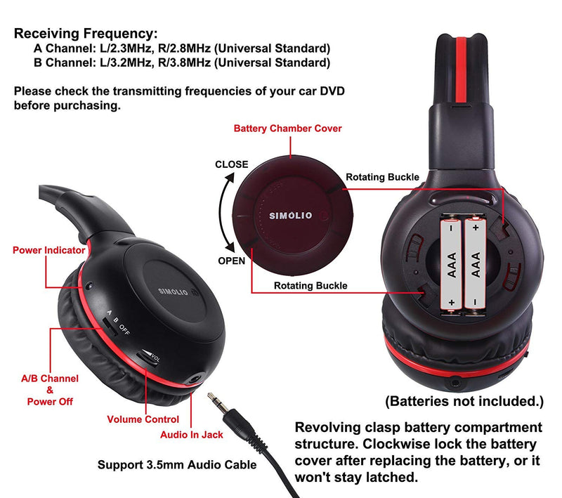 [Australia - AusPower] - SIMOLIO IR Wireless Headphones for Car DVD Player Headrest Video, On-Ear Infrared Headphones Headset Universal, w/Storage Bag & 3.5mm Aux Cord, 2 Channel Automotive IR Headphone, Foldable and Durable red & black 