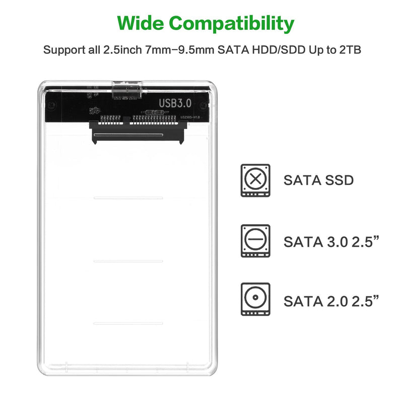 [Australia - AusPower] - 2.5" USB 3.0 Hard Drive Enclosure - Clear External SATA HDD and SSD Case for 7mm/9.5mm Support UASP Tool-Free Design 