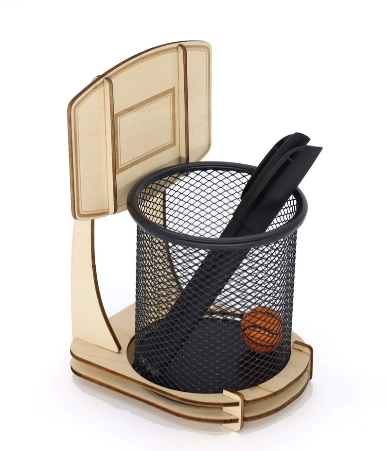 [Australia - AusPower] - GUOZI Creative Pen Pencil Holder, Handmade Wooden Basketball Stand Pencil Organizer, Metal Mesh Pencil Cup for Kids Desk Office Home School Supplies Birthday Christmas Ideal Gift etc. 