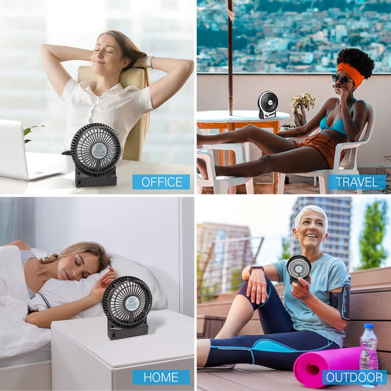 [Australia - AusPower] - efluky 3 Speeds Mini Desk Fan, Rechargeable Battery Operated Fan with LED Light and 2200mAh Battery, Portable USB Fan Quiet for Home, Office, Travel, Camping, Outdoor, Indoor Fan, 4.9-Inch, Black 