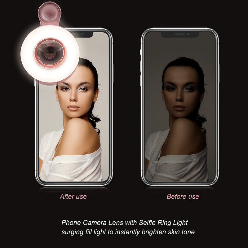 [Australia - AusPower] - Macro Lens for iPhone and Android with Mini Clip Ring Light, Portable Rechargeable Dimming, for Smart Phone Photography, Camera Video Recording, VLOG Pink 