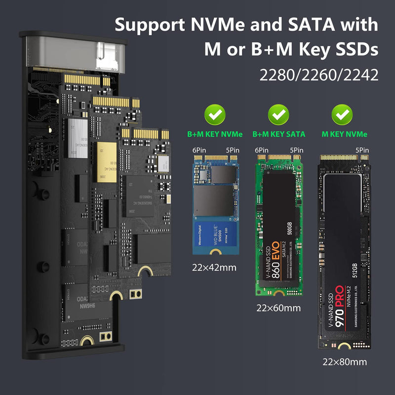 [Australia - AusPower] - MOKiN M.2 NVME SATA SSD Enclosure Adapter Tool-Free, RTL9210B Chips, USB C 3.1 Gen 2 10Gbps NVME, 6Gbps SATA PCIe M-Key(B+M Key), External Solid State Drive Support UASP Trim for 2242/2260/2280 SSD 