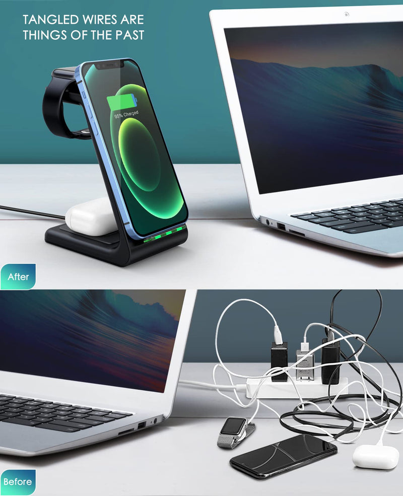 [Australia - AusPower] - Wireless Charging Station,3 in 1 Fast Charging Station,Wireless Charger Stand for iPhone 13/12/11 Pro Max/X/Xs Max/8/8 Plus, AirPods 3/2/pro, iWatch Series 7/6/5/SE/4/3/2, and Samsung Phones(Black) 