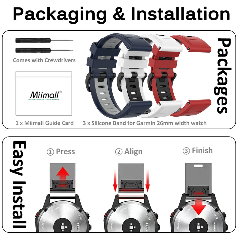 [Australia - AusPower] - (3 Pack)Miimall Compatible with Garmin Fenix 7X/6X/5X Bands, 26mm Soft Silicone Waterproof Sport Wristband Strap Band for Garmin Fenix 7X/6X Pro/5X/5X Plus/3/3HR/Descent Mk2 Midnight Blue+Grey & Red+Black & White+Black 