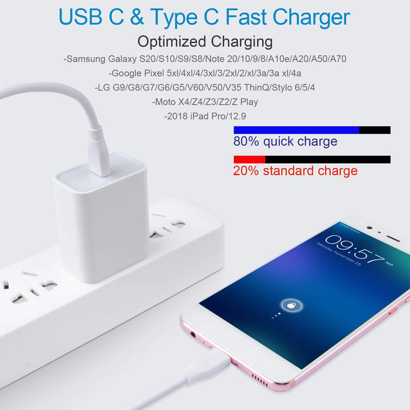 [Australia - AusPower] - USB C Fast Charger for Google Pixel 6 6 Pro 5 4 4A 4XL 3 3A 3XL 2 XL, Pad Pro 12.9/11, Samsung Galaxy S22 S21 S20 FE 5G Note 20 Ultra Z Fold 3 A10E, 20W 3A PD Power Adapter with 6FT Type C to C Cable White 