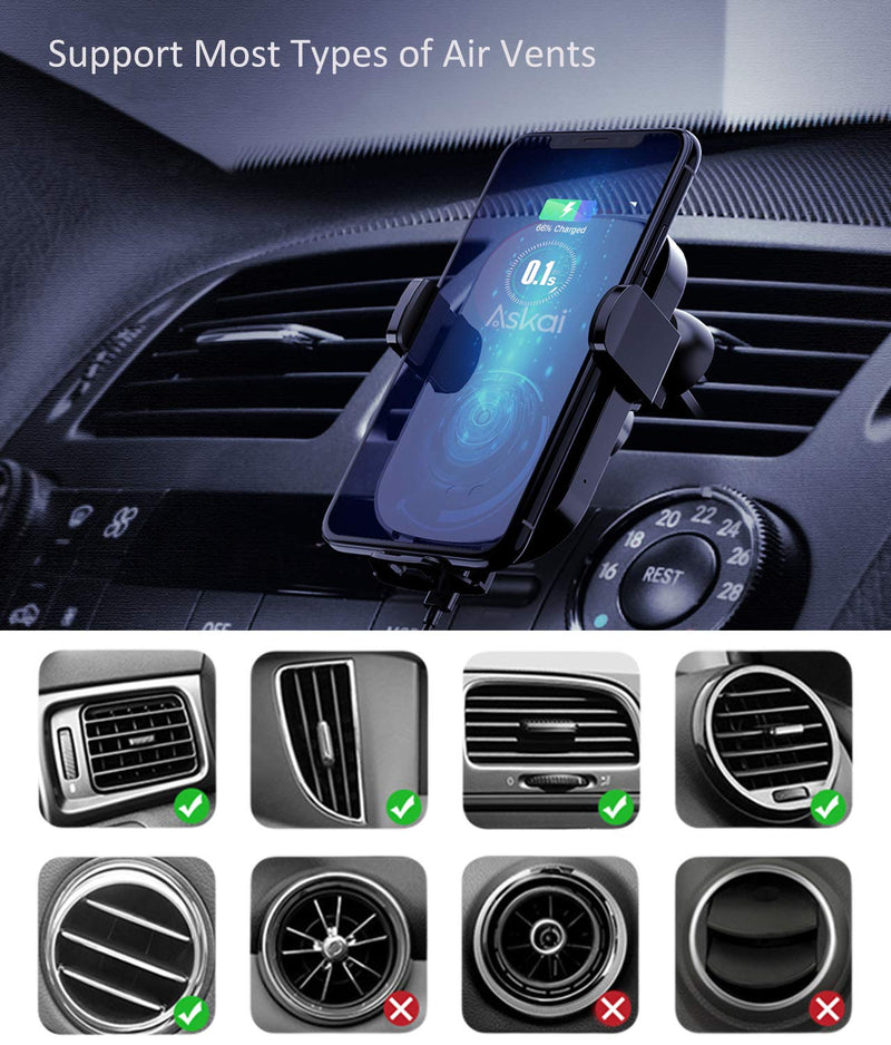 [Australia - AusPower] - Askai Wireless Car Charger Mount,15W Qi Fast Charging Auto-Clamping Mount,Air Vent Dashboard Phone Holder Compatible with iPhone 11|11 Pro|Max|Xs|Xs Max|X|XR, Samsung S20|S20+|S20U|S10|S10+|S9|Note10 
