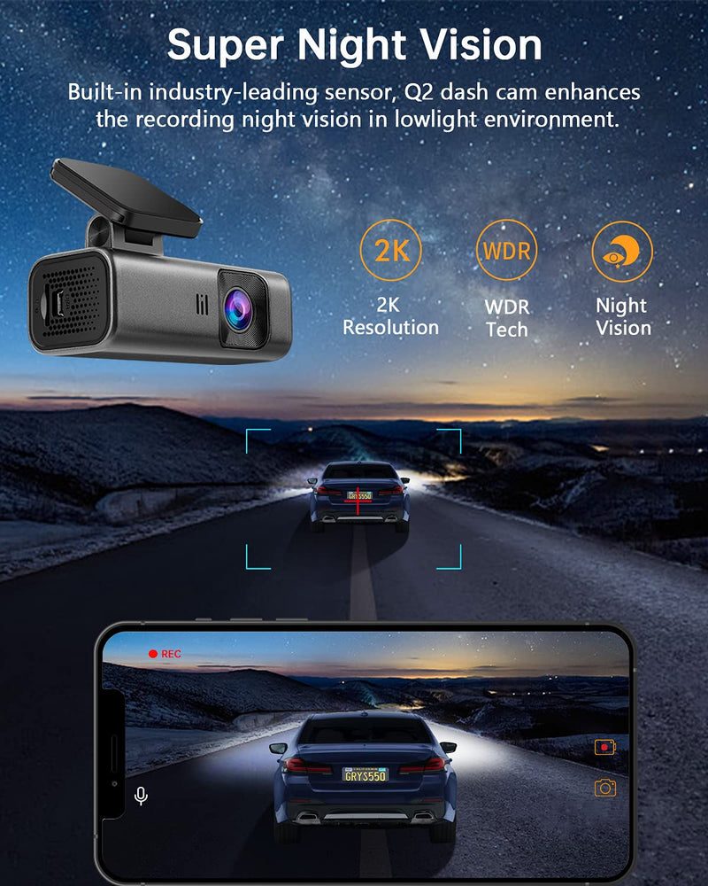 [Australia - AusPower] - Dash Cam 2K WiFi 1440P Car Dash Cam Front, Dash Camera for Cars, Dashboard Camera Recorder with Super Night Vision, 170° Wide Angle, WDR, Loop Recording, G-Sensor, Parking Monitor, Voice Broadcast 