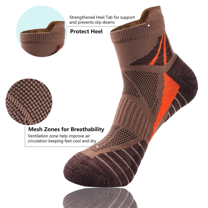 [Australia - AusPower] - Men's Low Cut Ankle Athletic Socks Cushioned Breathable Running Performance Sport Tab cotton Socks(5 pack) Black/Grey/Brown/Dark Blue/Olive-green/Sky Blue 