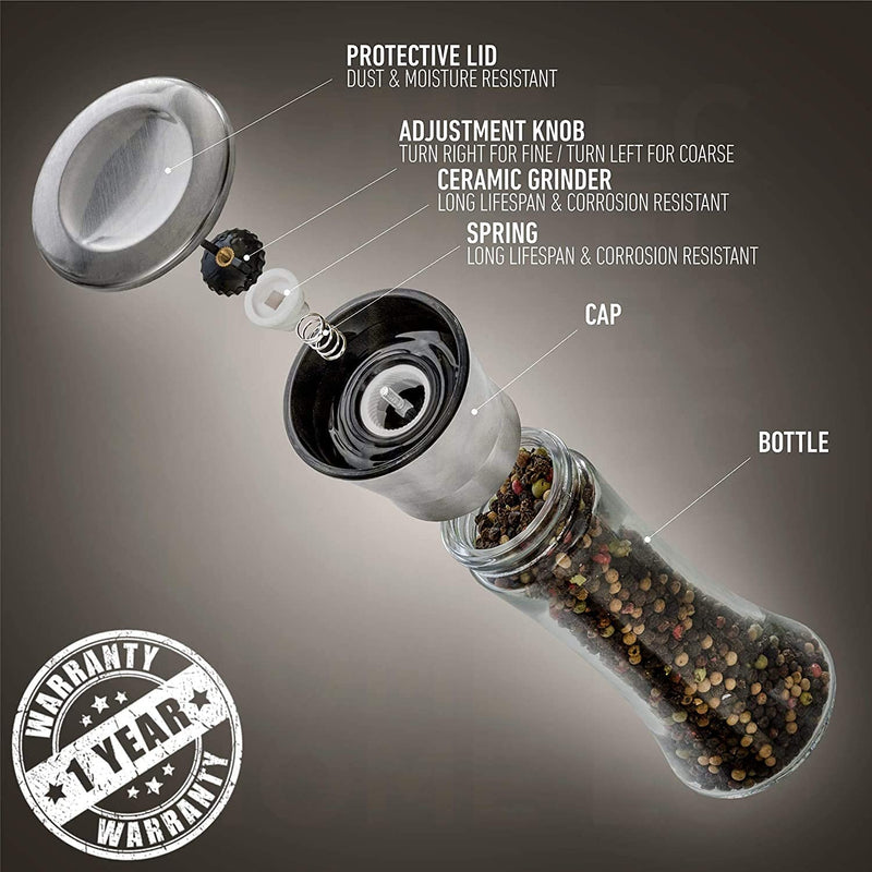 [Australia - AusPower] - HOME EC Premium Stainless Steel Salt or Pepper Grinder 1pk - Adjustable Ceramic Sea Salt Grinder or Pepper Grinder - Tall Glass Salt or Pepper Shakers Pepper Mill or Salt Mill w/EBook 1 